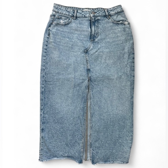 Maurices Denim Skirt Maxi Womens 12 Front Slit Frayed Hem High Rise Stretch - Picture 1 of 7